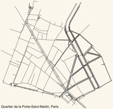 Fransa 'nın başkenti Paris' in PORTE-SAINT-MARTIN çeyreğinin klasik bej arka planında yer alan şehir yolu haritası.