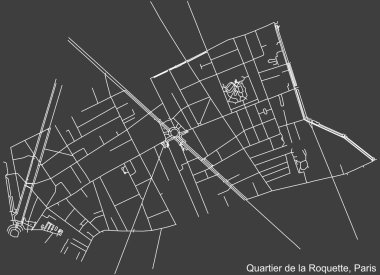 Fransa 'nın başkenti Paris' in LA ROQUETTE QuARTER bölgesinin şehir yolu haritası koyu gri arka planda.