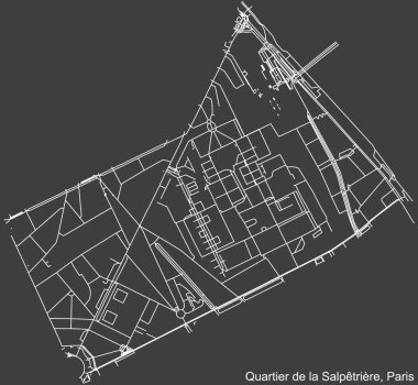 Fransa 'nın başkenti Paris' in SALPTRIRE QuARTER 'ının şehir yolu haritası koyu gri arka planda.