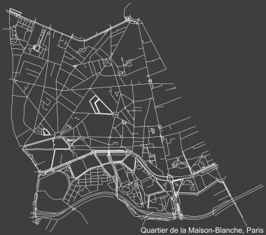 Fransa 'nın başkenti Paris' teki MAISON-BLANCHE QuARTER 'ın şehir caddelerinin haritası koyu gri arka planda.