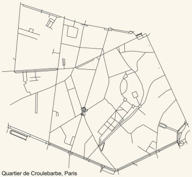 Fransa 'nın başkenti Paris' in CROULEBARBE çeyreğinin klasik bej arka planında yer alan şehir caddelerinin detaylı navigasyon siyah çizgileri.