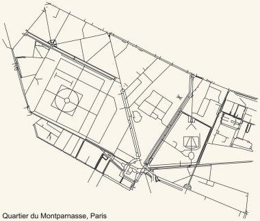 Fransa 'nın başkenti Paris' in MontPARNASSE çeyreğinin klasik bej arka planında yer alan şehir yolu haritası.