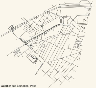 Fransa 'nın başkenti Paris, Fransa' nın PINETTES QuARTER bölgesinin klasik bej arka planında yer alan şehir caddelerinin ayrıntılı navigasyon siyah çizgileri