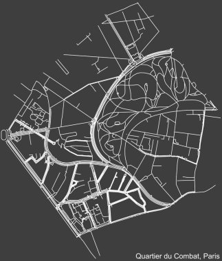 Fransa 'nın başkenti Paris' in Koyu gri arka planındaki COMBAT çeyreğinin şehir caddeleri haritası.