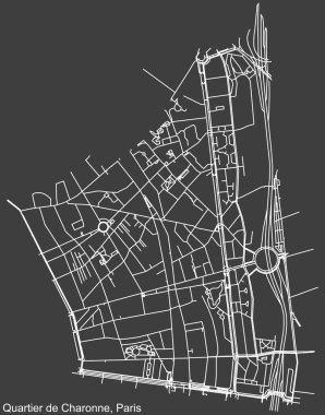 Fransa 'nın başkenti Paris' teki CHARONNE QuARTER 'ın koyu gri arkaplan üzerinde yer alan şehir caddelerinin haritası.