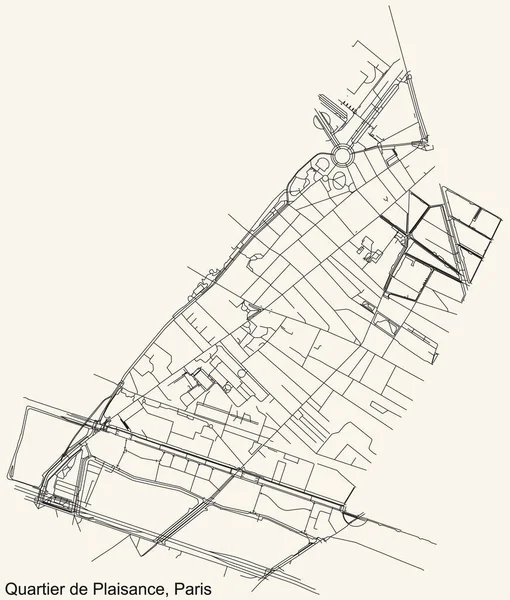 Detailed navigation black lines urban street roads map of the PLAISANCE QUARTER of the French capital city of Paris, France on vintage beige background