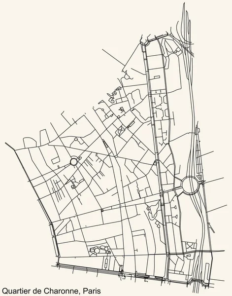 Detaillierte Navigation Schwarze Linien Stadtplan Des Charonne Quarter Der Französischen — Stockvektor