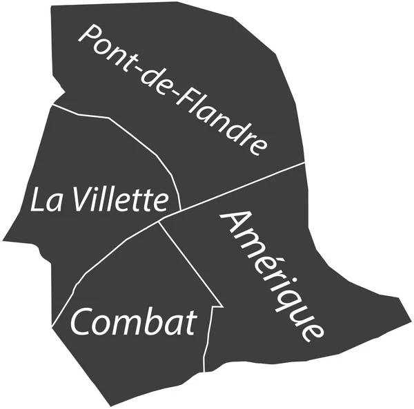 Dark Gray Flat Vector Administrative Map 19Th Arondissement Des Buttes — Vettoriale Stock