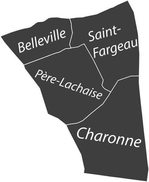 Dark Gray Flat Vector Administrative Map 20Th Arondissement Mnilmontant Paris — Vettoriale Stock