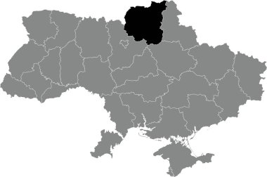 Black flat blank highlighted locator map of the Ukrainian administrative area of CHERNIHIV OBLAST inside gray flat map of UKRAINE