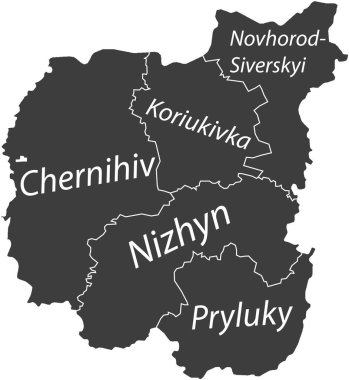 Ukrayna 'nın CHERNIHIV OBLAST idari bölgesinin beyaz sınır çizgileri ve rayonlarının isim etiketleriyle koyu gri düz vektör haritası.