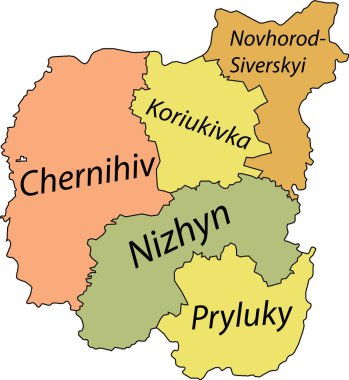 Ukrayna 'nın Ukrayna idari bölgesi CHERNIHIV OBLAST, UKRAINE' ın siyah sınır çizgileri ve rayonlarının isim etiketleriyle pastel düz vektör haritası