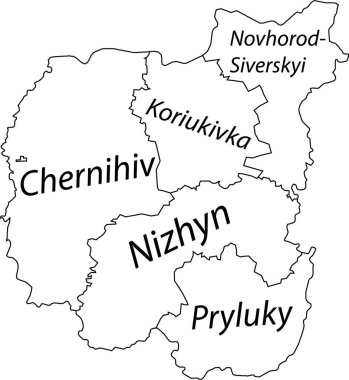 Ukrayna 'nın CHERNIHIV OBLAST idari bölgesinin beyaz düz vektör haritası, siyah sınır çizgileri ve rayonlarının isim etiketleriyle UKRAINE