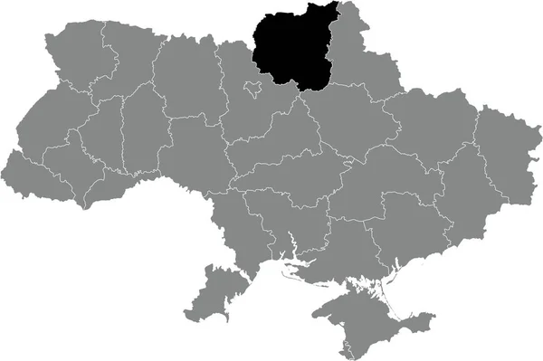 Ukraine灰色平面地图内乌克兰Chernihiv Oblast行政区的黑色平面突出显示定位图 — 图库矢量图片