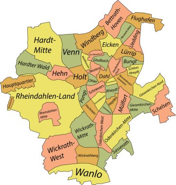 MNCHENGLADBACH 'ın Pastel düz vektör idari haritası, bölgelerinin isim etiketleri ve siyah sınır çizgileriyle GERMANY