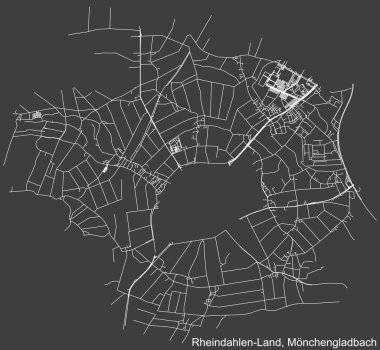 Alman bölgesel başkenti Mnchengladbach, Almanya 'nın RHEINDAHLEN-LAND DISTRICT şehir haritasının beyaz çizgileri koyu gri arka planda