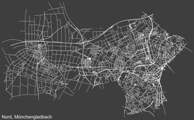 Alman bölgesel başkenti Mnchengladbach, Almanya 'nın NORD BOROUGH' un şehir caddeleri haritasının ayrıntılı olumsuz seyrüsefer çizgileri koyu gri arka planda