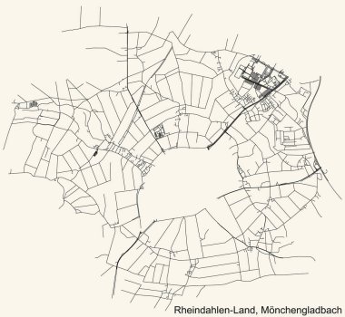 Alman bölgesel başkenti Mnchengladbach 'ın RHEINDAHLEN-LAND sınır haritasının ayrıntılı navigasyon kara hatları klasik bej arka plan üzerine Almanya' nın Mnchengladbach,
