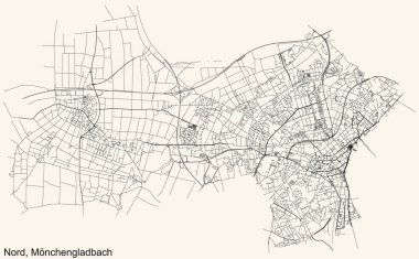 Alman bölgesel başkenti Mnchengladbach 'ın NORD BOROUGH şehir haritasının ayrıntılı navigasyon kara hatları klasik bej arka planda Almanya