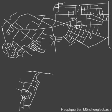 Alman bölgesel başkenti Mnchengladbach, Almanya 'nın HAUPTQUARTIER DISTRICT şehir haritasının beyaz çizgileri koyu gri arka planda