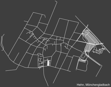 Detailed negative navigation white lines urban street roads map of the HEHN DISTRICT of the German regional capital city of Mnchengladbach, Germany on dark gray background