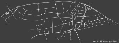 Detailed negative navigation white lines urban street roads map of the WANLO DISTRICT of the German regional capital city of Mnchengladbach, Germany on dark gray background