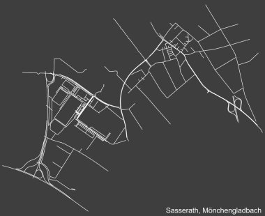 Alman bölgesel başkenti Mnchengladbach, Almanya 'nın SASSERATH DISTRICT şehir haritasının beyaz çizgileri koyu gri arka planda
