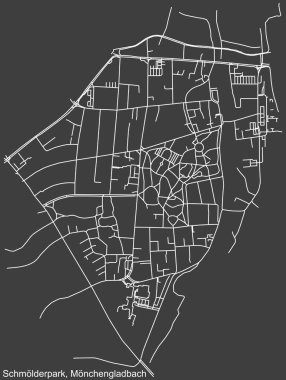 Alman bölgesel başkenti Mnchengladbach, Almanya 'nın SCHMLDERPARK DISTRICT şehir haritasının beyaz çizgileri koyu gri arka planda