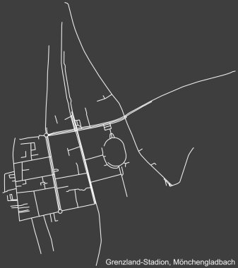 Alman bölgesel başkenti Mnchengladbach, Almanya 'nın GRENZLANDSTADION DISTRICT şehir haritasının beyaz çizgileri koyu gri arka planda