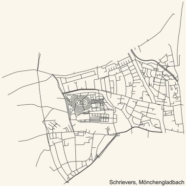 Alman bölgesel başkenti Mnchengladbach, Almanya 'nın klasik bej arka planında yer alan SCHRIEVERS DISTRICT şehir haritasının ayrıntılı navigasyon kara hatları