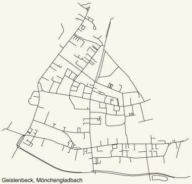 Alman bölgesel başkenti Mnchengladbach, Almanya 'nın klasik bej arka planında yer alan GEISTENBECK DISTRICT şehir haritasının ayrıntılı navigasyon siyah hatları