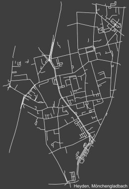 Alman bölgesel başkenti Mnchengladbach, Almanya 'nın HEYDEN DISTRICT kentsel yol haritasının ayrıntılı olumsuz seyrüsefer beyaz çizgileri koyu gri arka plan üzerine