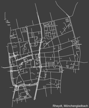 Alman bölgesel başkenti Mnchengladbach, Almanya 'nın RHEYDT DISTRICT şehir haritasının beyaz çizgileri koyu gri arka plan üzerine ayrıntılı seyrüsefer