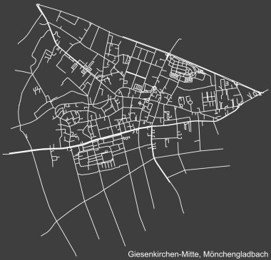 Detailed negative navigation white lines urban street roads map of the GIESENKIRCHEN-MITTE DISTRICT of the German regional capital city of Mnchengladbach, Germany on dark gray background