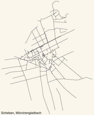 Alman bölgesel başkenti Mnchengladbach, Almanya 'nın klasik bej arka planında yer alan SCHELSEN DISTRICT şehir haritasının ayrıntılı navigasyon kara hatları