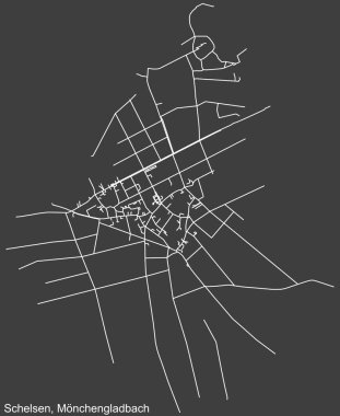 Alman bölgesel başkenti Mnchengladbach, Almanya 'nın SCHELSEN DISTRICT şehir haritasının beyaz çizgileri koyu gri arkaplan üzerine ayrıntılı seyrüsefer