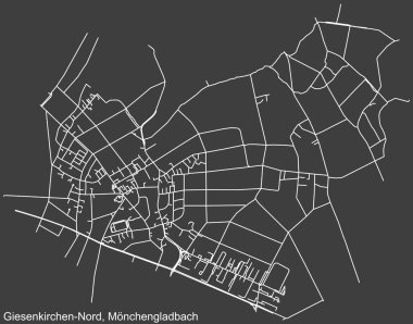 Detailed negative navigation white lines urban street roads map of the GIESENKIRCHEN-NORD DISTRICT of the German regional capital city of Mnchengladbach, Germany on dark gray background