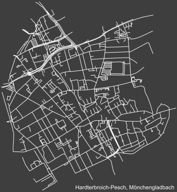 Almanya 'nın başkenti Mnchengladbach, Almanya' nın HARDTERBROICH-PESCH DISTRICT şehir haritasının ayrıntılı olumsuz seyrüsefer beyaz çizgileri koyu gri arka plan üzerine