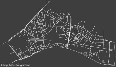 Alman bölgesel başkenti Mnchengladbach, Almanya 'nın LRRIP DISTRICT şehir haritasının beyaz çizgileri koyu gri arka planda