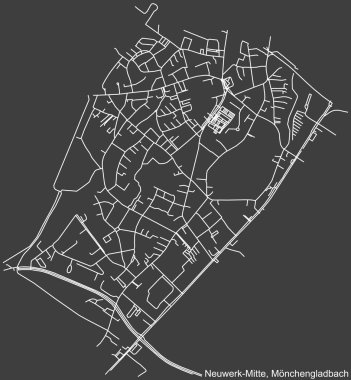 Alman bölgesel başkenti Mnchengladbach, Almanya 'nın NEUWERK-MITTE DISTRICT şehir haritasının beyaz çizgileri koyu gri arka planda