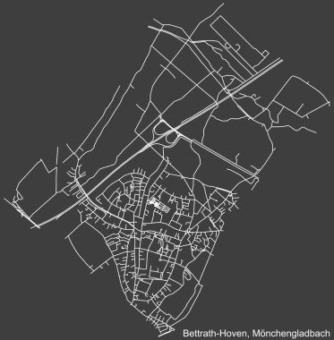 Alman bölgesel başkenti Mnchengladbach, Almanya 'nın BETTRATH-HOVEN DISTRICT şehir haritasının beyaz çizgileri koyu gri arka planda