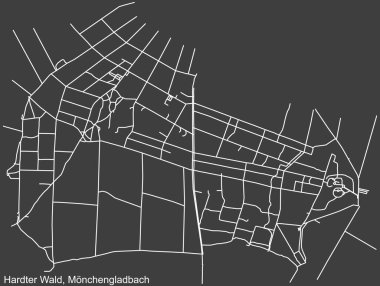 Alman bölgesel başkenti Mnchengladbach, Almanya 'nın HARDTER WALD DISTRICT şehir haritasının beyaz çizgileri koyu gri arka planda