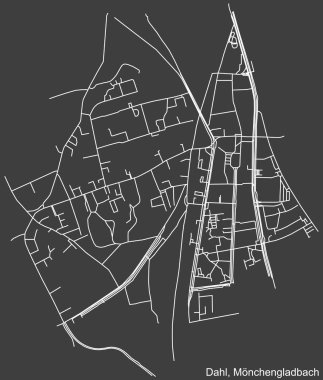 Alman bölgesel başkenti Mnchengladbach, Almanya 'nın DAHL DISTRICT' nin şehir caddeleri haritasının ayrıntılı olumsuz seyrüsefer çizgileri koyu gri arka plan üzerine