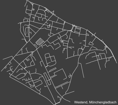 Alman bölgesel başkenti Mnchengladbach, Almanya 'nın WALDHAUSEN DISTRICT şehir haritasının beyaz çizgileri koyu gri arka planda