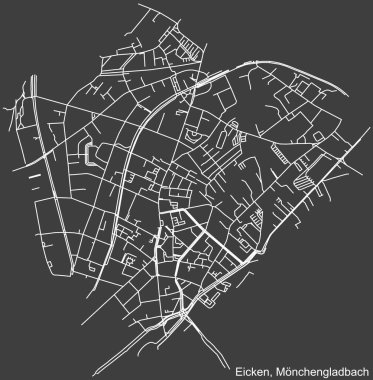 Alman bölgesel başkenti Mnchengladbach, Almanya 'nın EICKEN DISTRICT şehir haritasının beyaz çizgileri koyu gri arka planda