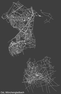 Alman bölgesel başkenti Mnchengladbach 'ın OST BOROUGH, Almanya' nın koyu gri arka planında yer alan şehir caddelerinin detaylı haritası