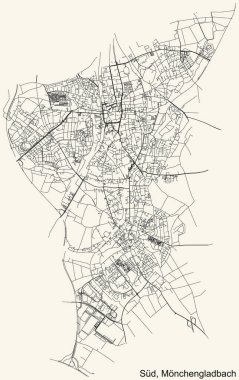 Alman bölgesel başkenti Mnchengladbach, Almanya 'nın klasik bej arka planında yer alan SD BOROUGH şehir haritasının ayrıntılı navigasyon siyah hatları