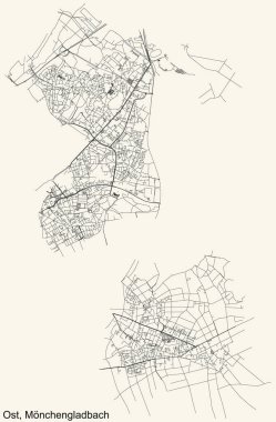 Alman bölgesel başkenti Mnchengladbach 'ın OST BOROUGH şehir haritasının ayrıntılı navigasyon siyah hatları klasik bej arka planda Almanya