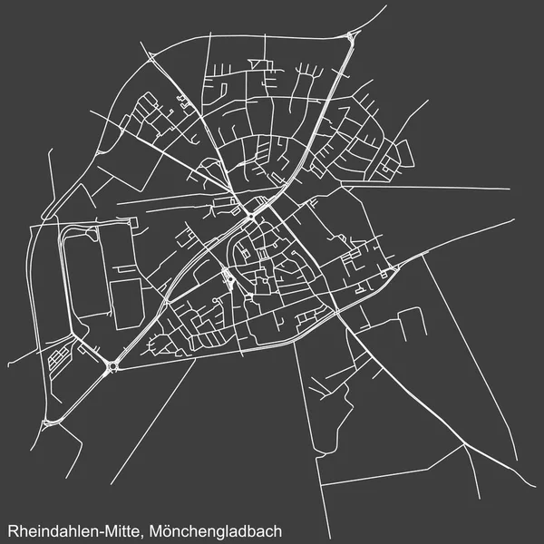 Alman bölgesel başkenti Mnchengladbach, Almanya 'nın RHEINDAHLEN-MITTE DISTRICT şehir haritasının beyaz çizgileri koyu gri arka planda