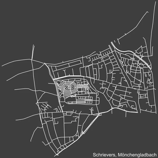 Alman bölgesel başkenti Mnchengladbach, Almanya 'nın Koyu gri arkaplan üzerindeki SCHRIEVERS' in şehir haritasının ayrıntılı negatif navigasyon beyaz çizgileri
